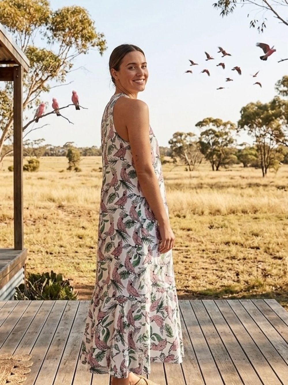 Drykorn - Sleeveless Maxi Dress with Pink & Green Bird Print